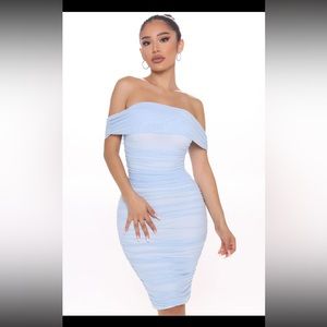 Ready And Ruched Mesh Midi Dress - Blue
